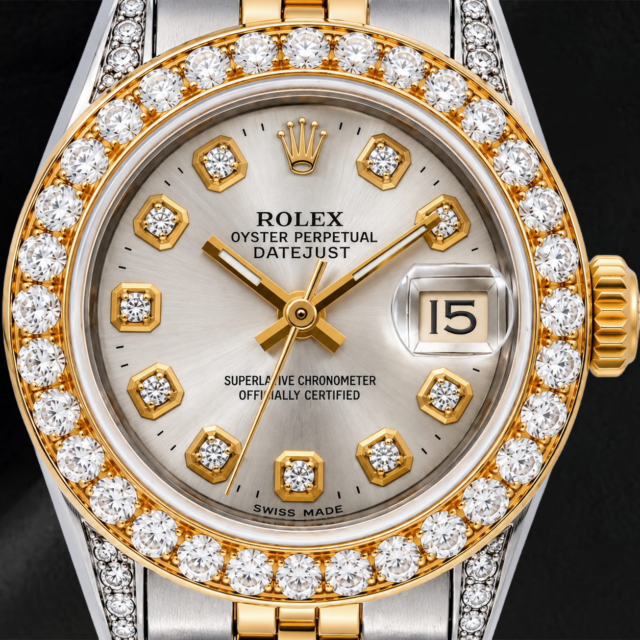 Montre Rolex Datejust 69173 26 mm Cadran Diamants Argenté Bracelet Jubilé Bicolore