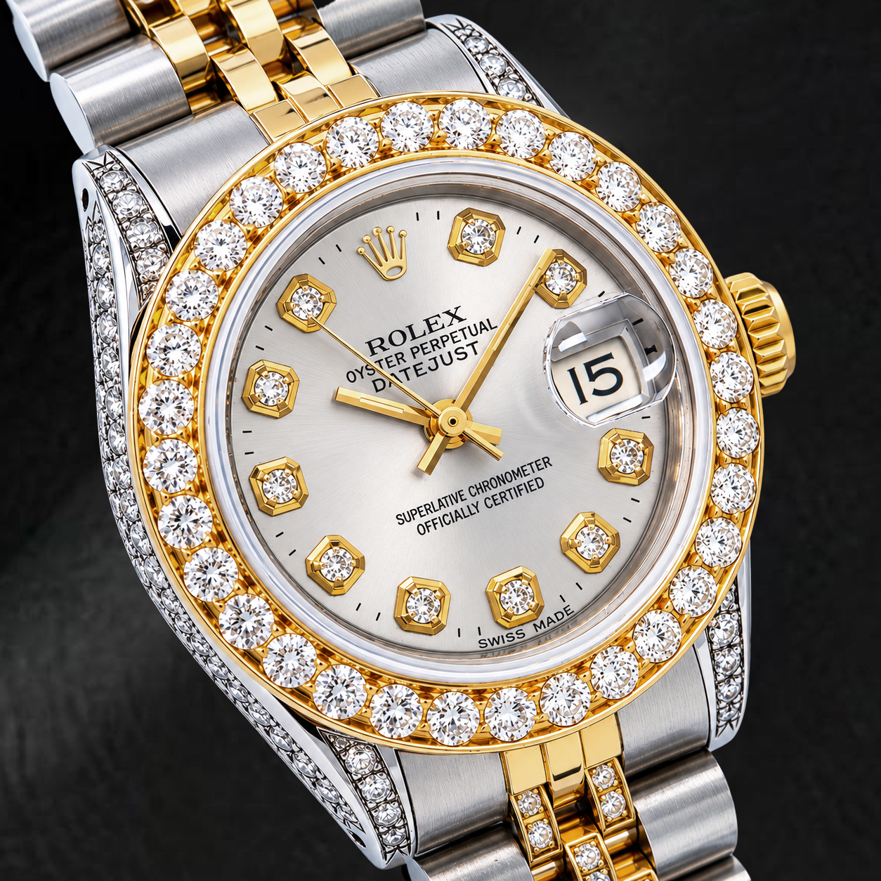 Montre Rolex Datejust 69173 26 mm Cadran Diamants Argenté Bracelet Jubilé Bicolore