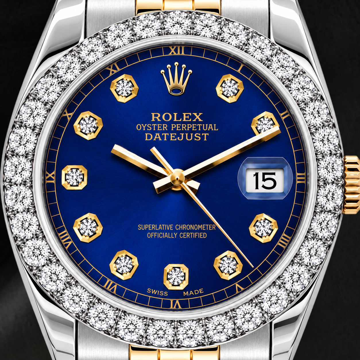 Montre Rolex Datejust 69173 26 mm Cadran Diamants Bleu Bracelet Jubilé Bicolore