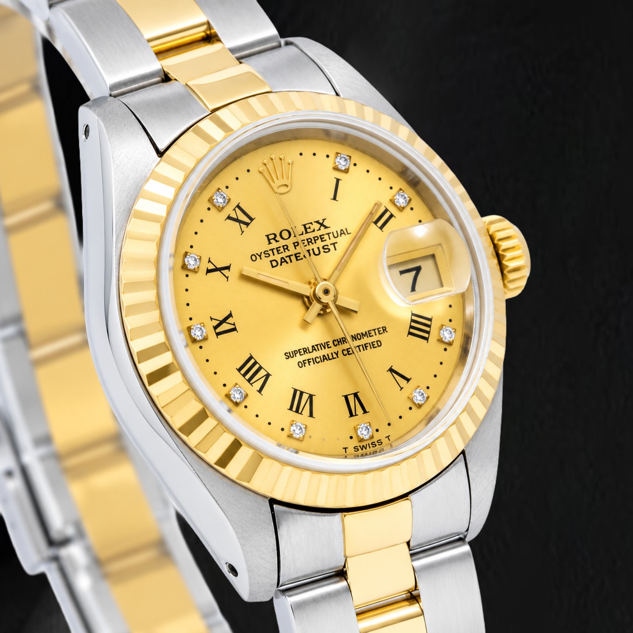 Montre Rolex Datejust 69173 26 mm Cadran Diamants d'Origine Champagne Chiffres Romains Bracelet Oyster Bicolore