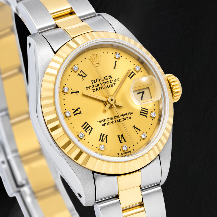 Montre Rolex Datejust 69173 26 mm Cadran Diamants d'Origine Champagne Chiffres Romains Bracelet Oyster Bicolore