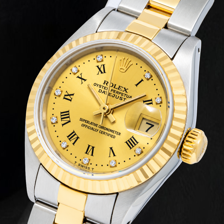 Montre Rolex Datejust 69173 26 mm Cadran Diamants d'Origine Champagne Chiffres Romains Bracelet Oyster Bicolore