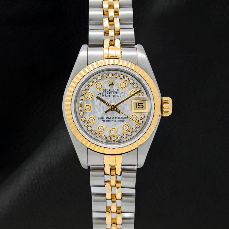 Montre Rolex Datejust 69173 26 mm Cadran Diamants Filet Nacre Blanche Bracelet Jubilé Bicolore