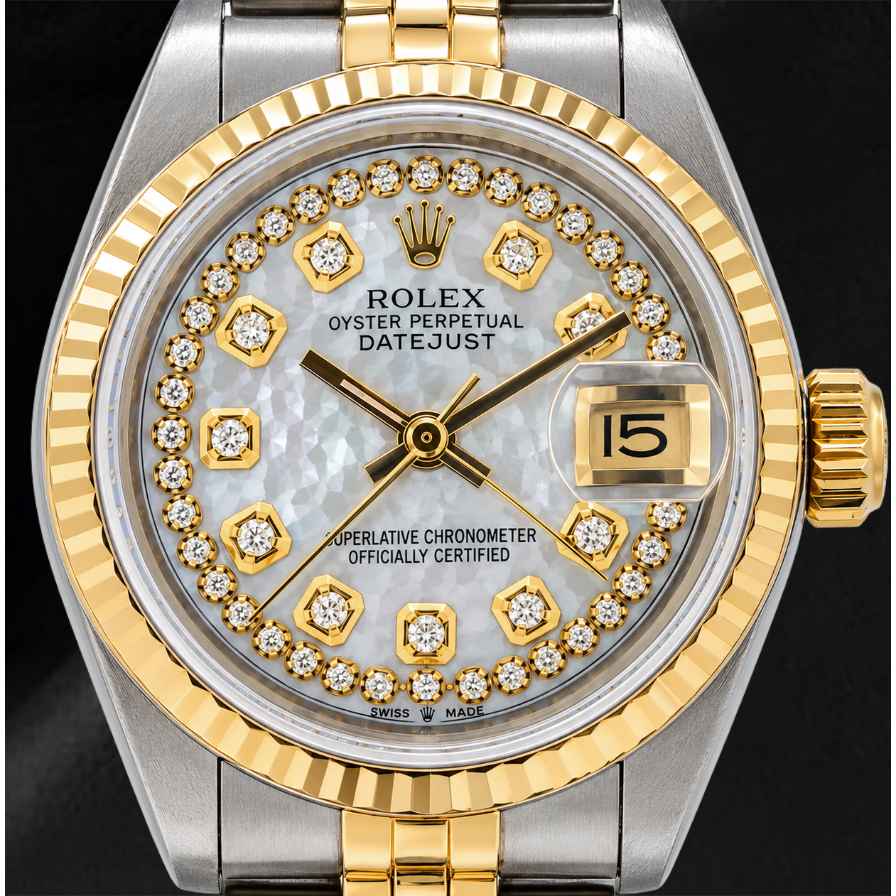 Montre Rolex Datejust 69173 26 mm Cadran Diamants Filet Nacre Blanche Bracelet Jubilé Bicolore