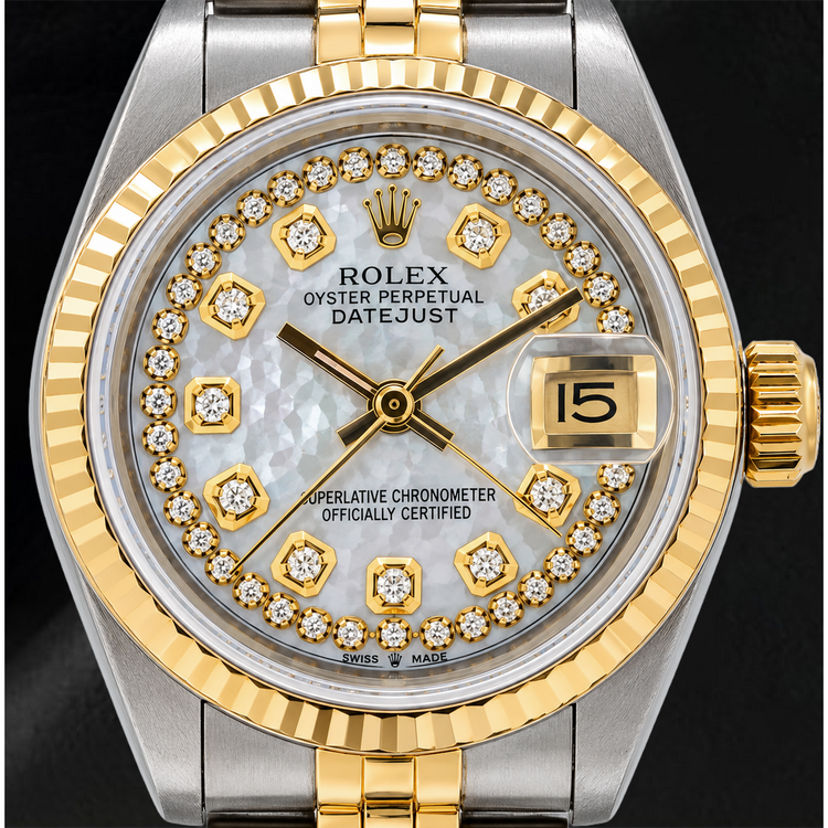 Montre Rolex Datejust 69173 26 mm Cadran Diamants Filet Nacre Blanche Bracelet Jubilé Bicolore