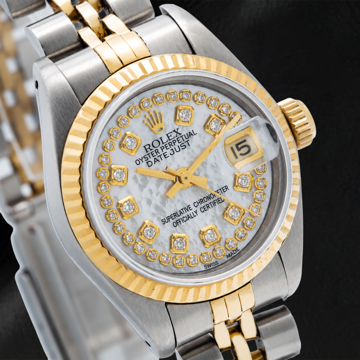 Montre Rolex Datejust 69173 26 mm Cadran Diamants Filet Nacre Blanche Bracelet Jubilé Bicolore