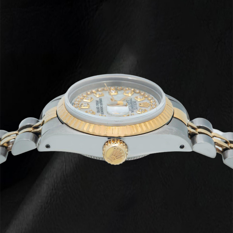 Montre Rolex Datejust 69173 26 mm Cadran Diamants Filet Nacre Blanche Bracelet Jubilé Bicolore