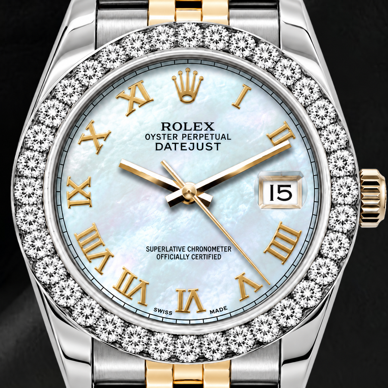 Montre Rolex Datejust 69173 26 mm Cadran en nacre blanche à chiffres romains Bracelet Jubilé bicolore