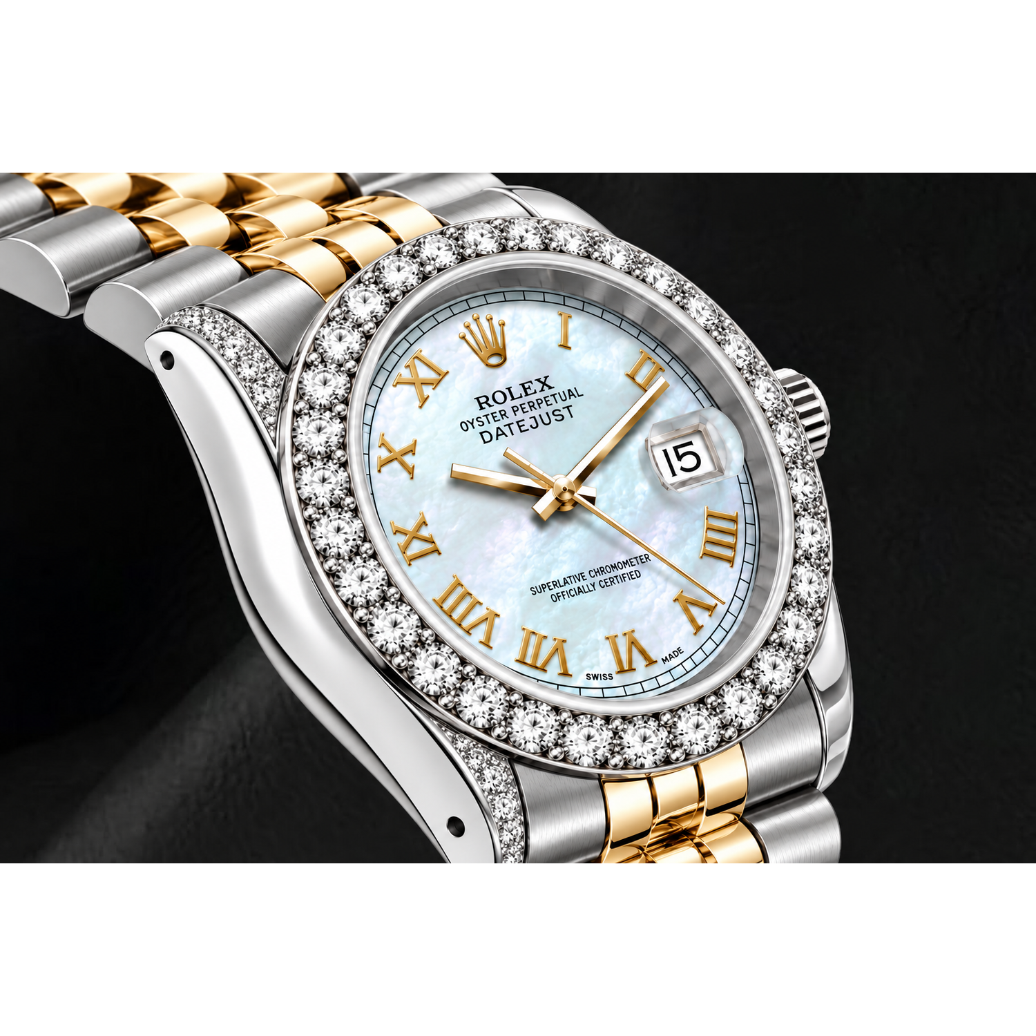 Montre Rolex Datejust 69173 26 mm Cadran en nacre blanche à chiffres romains Bracelet Jubilé bicolore