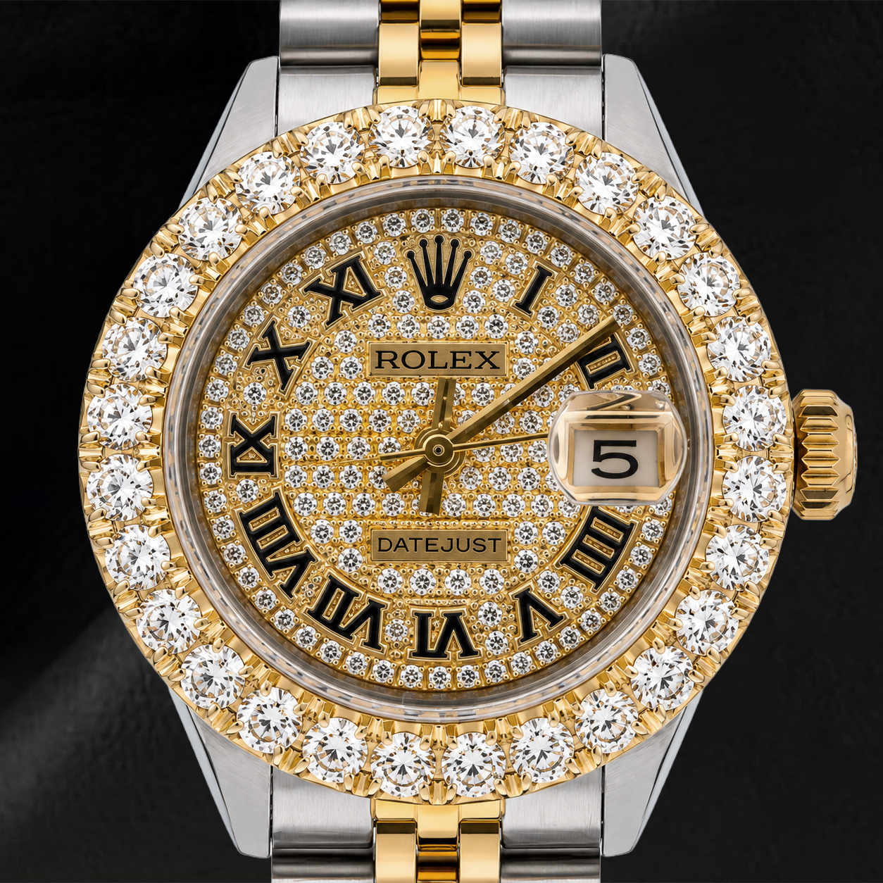 Montre Rolex Datejust 69173 26 mm Cadran Pavé de Diamants Chiffres Romains Bracelet Jubilé Bicolore