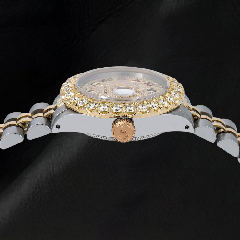 Montre Rolex Datejust 69173 26 mm Cadran Pavé de Diamants Chiffres Romains Bracelet Jubilé Bicolore