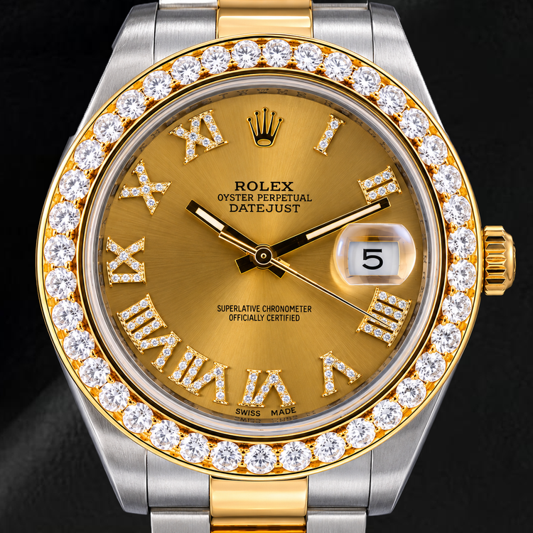 Montre Rolex Datejust II 41 mm 116333 Cadran Diamants Champagne Chiffres Romains Lunette Diamants