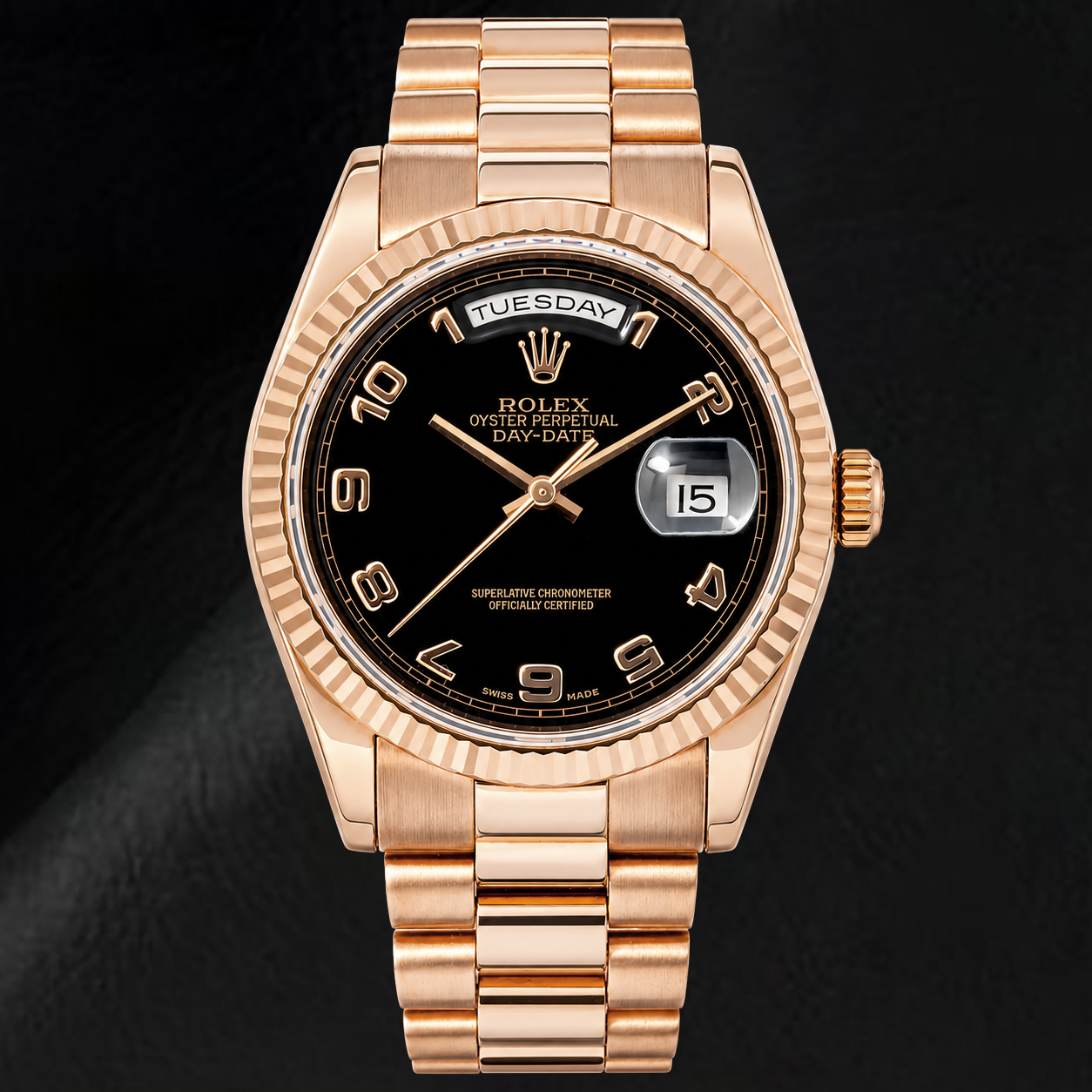 Montre Rolex Day-Date 118235 36 mm Cadran Noir à Chiffres Arabes Or Rose