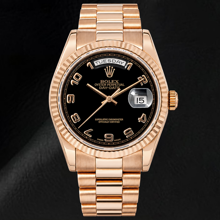 Montre Rolex Day-Date 118235 36 mm Cadran Noir à Chiffres Arabes Or Rose