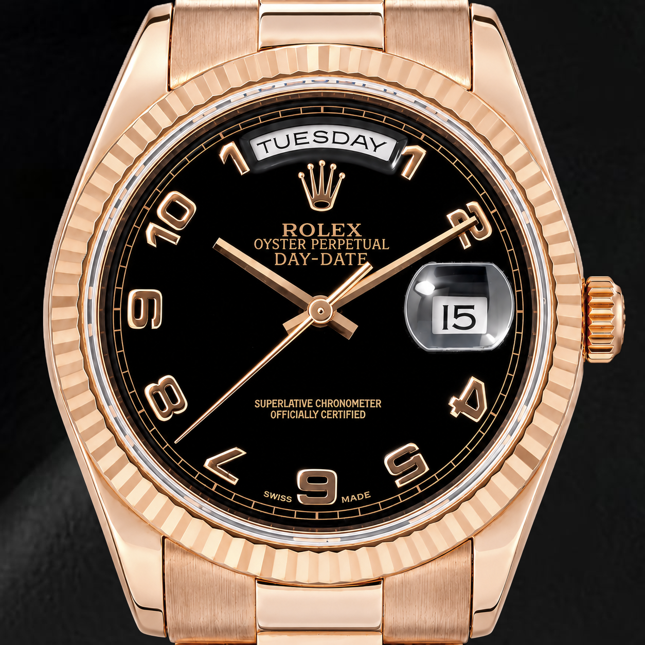 Montre Rolex Day-Date 118235 36 mm Cadran Noir à Chiffres Arabes Or Rose