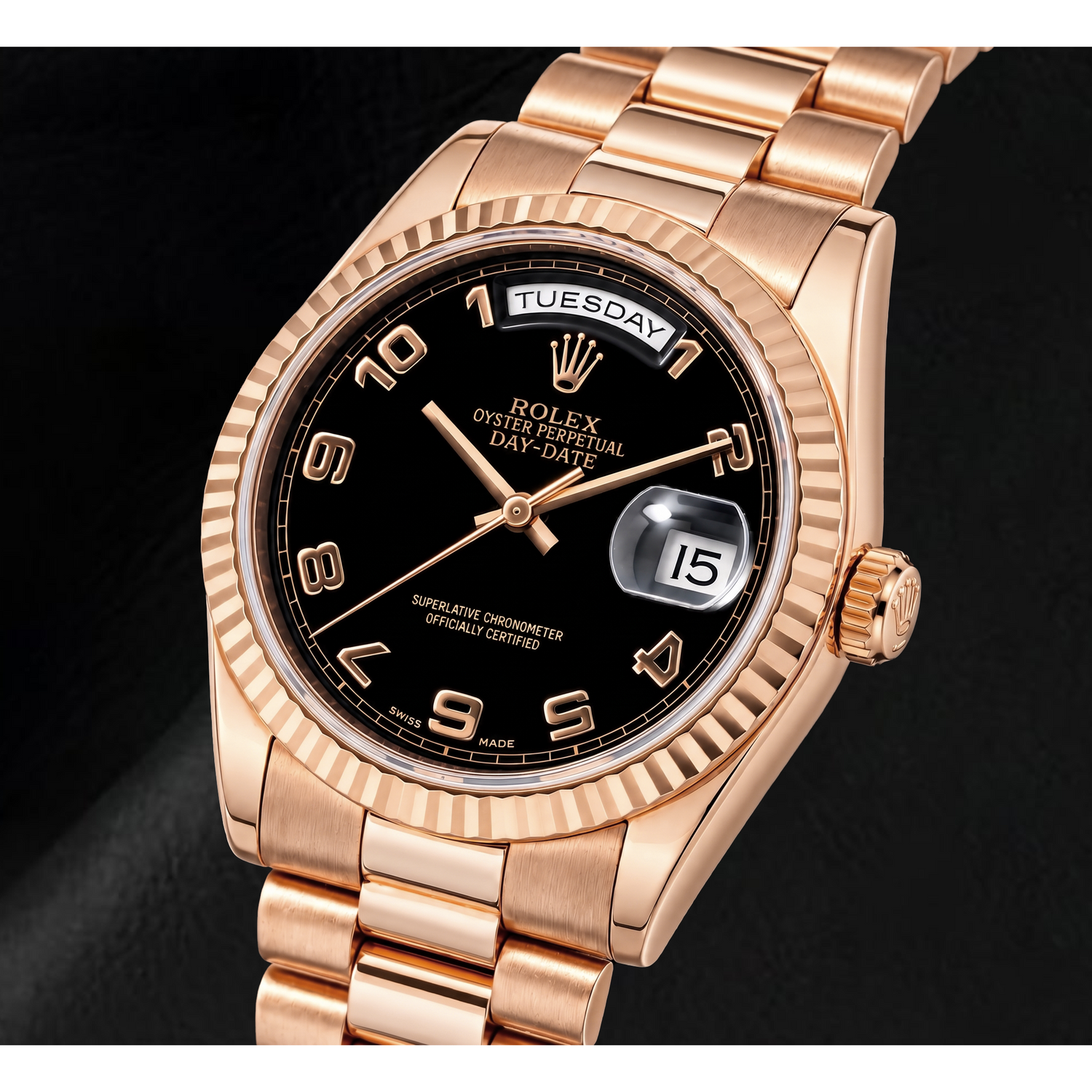 Montre Rolex Day-Date 118235 36 mm Cadran Noir à Chiffres Arabes Or Rose