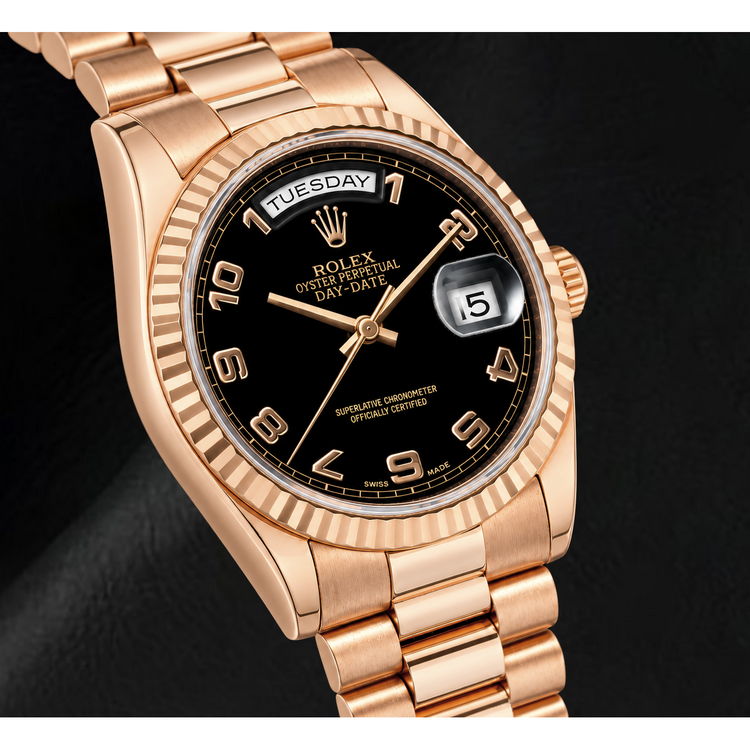 Montre Rolex Day-Date 118235 36 mm Cadran Noir à Chiffres Arabes Or Rose