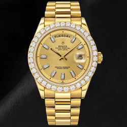 Montre Rolex Day-Date 1803 36 mm en Or Jaune Cadran Champagne Lin Diamants Baguette