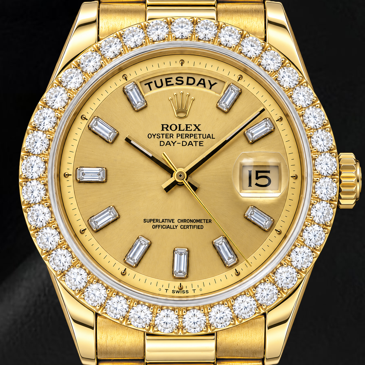 Montre Rolex Day-Date 1803 36 mm en Or Jaune Cadran Champagne Lin Diamants Baguette
