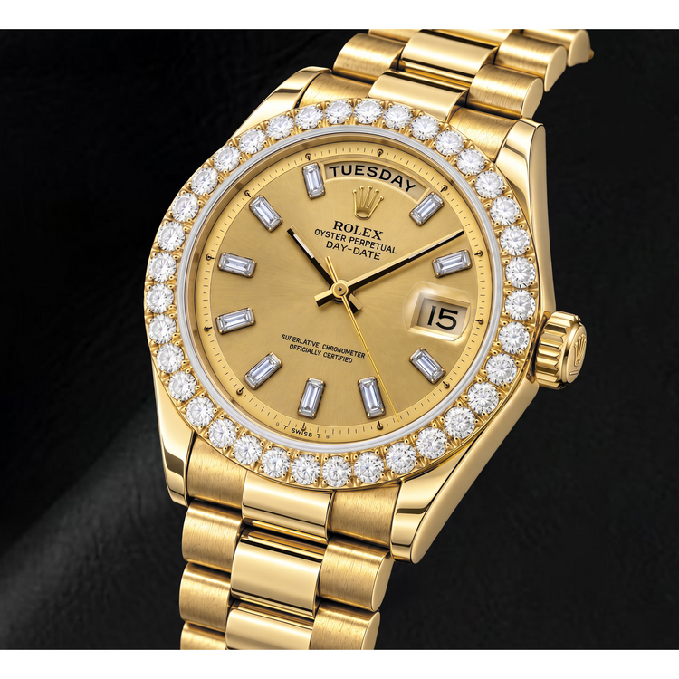 Montre Rolex Day-Date 1803 36 mm en Or Jaune Cadran Champagne Lin Diamants Baguette