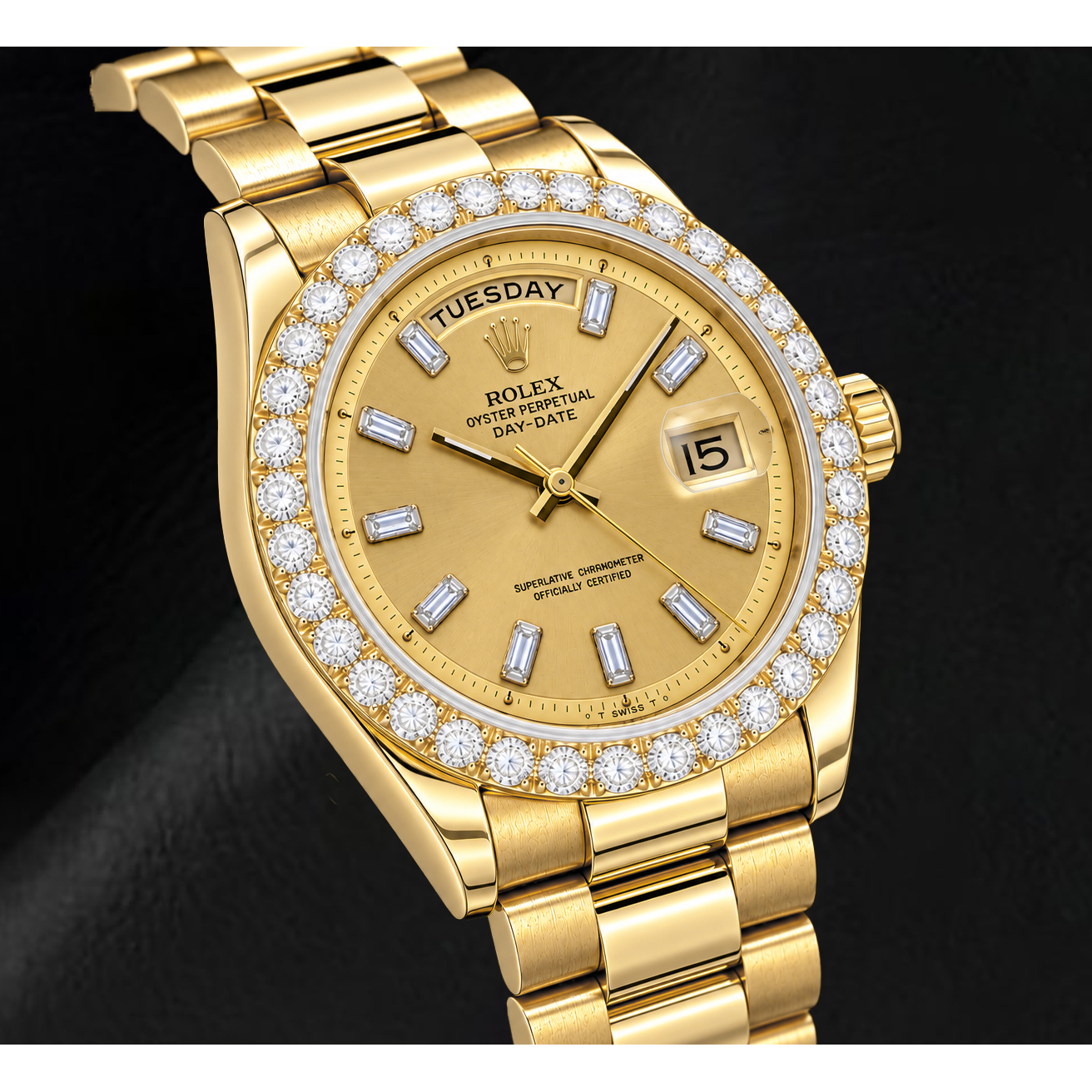 Montre Rolex Day-Date 1803 36 mm en Or Jaune Cadran Champagne Lin Diamants Baguette
