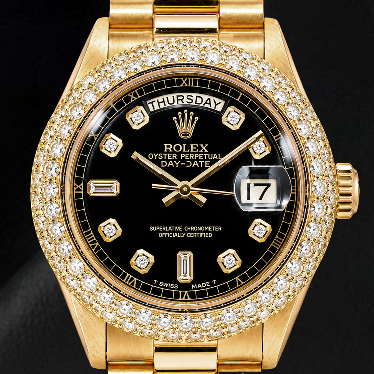 Montre Rolex Day-Date 1803 36 mm en Or Jaune Cadran Diamants Noir