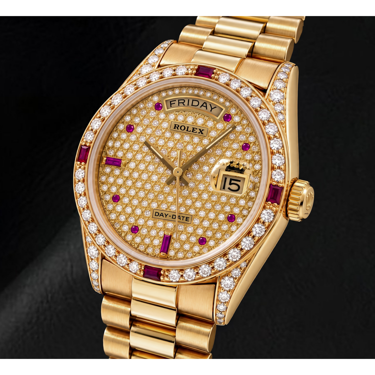 Montre Rolex Day-Date 18038 36 mm en Or Jaune Cadran Pavé de Diamants