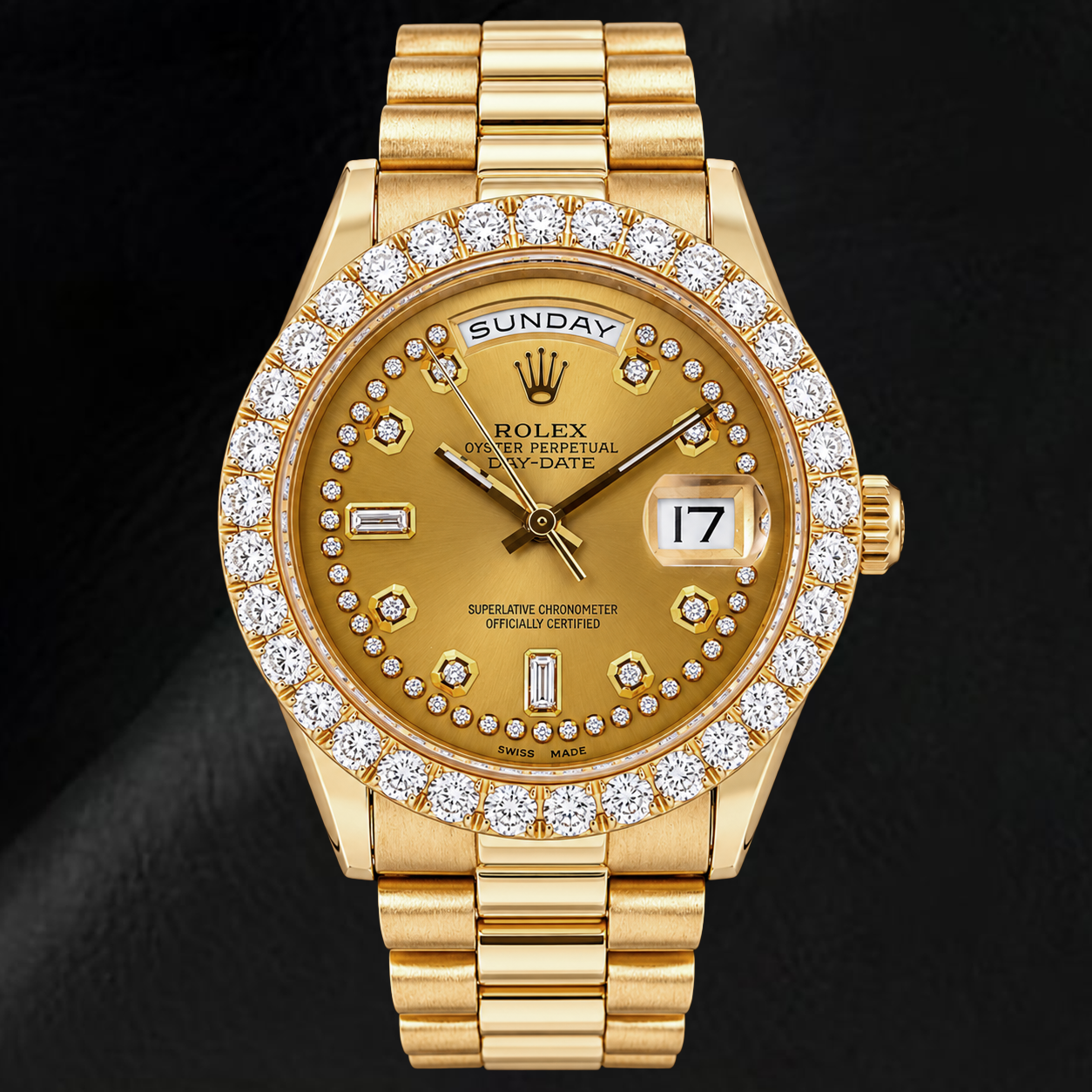 Montre Rolex Day-Date 18038 36 mm Or Jaune Cadran Diamants Filet Champagne