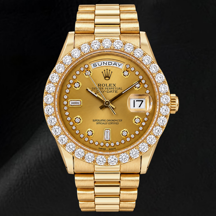 Montre Rolex Day-Date 18038 36 mm Or Jaune Cadran Diamants Filet Champagne