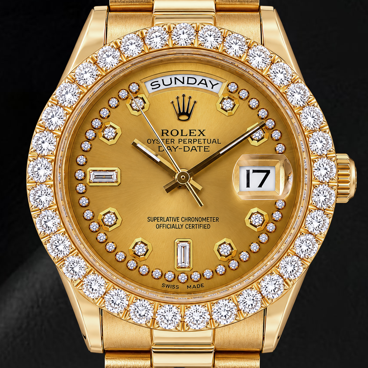 Montre Rolex Day-Date 18038 36 mm Or Jaune Cadran Diamants Filet Champagne