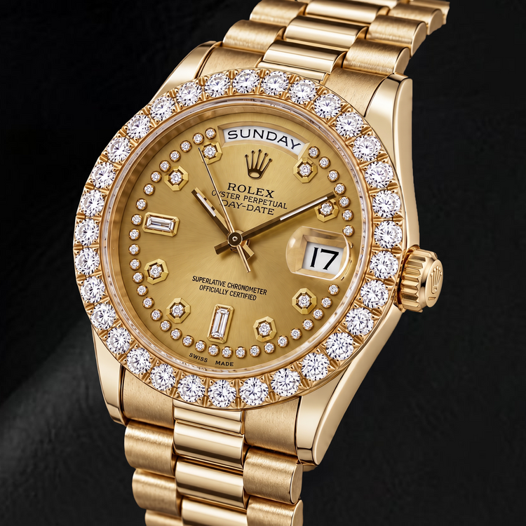 Montre Rolex Day-Date 18038 36 mm Or Jaune Cadran Diamants Filet Champagne