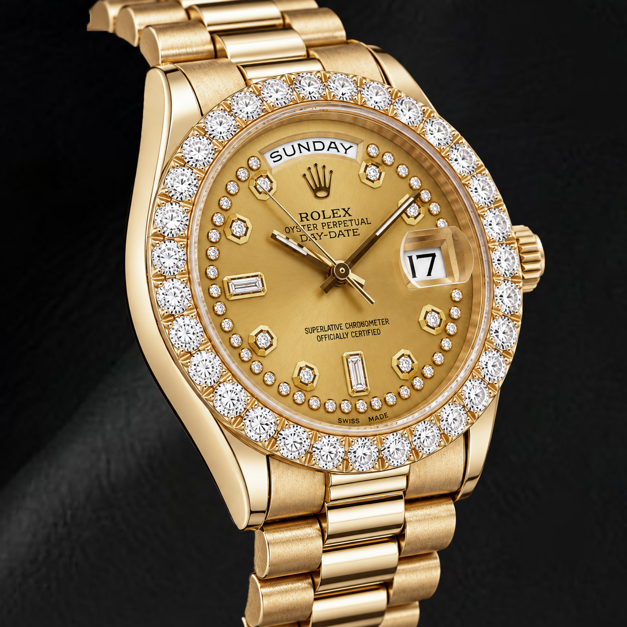 Montre Rolex Day-Date 18038 36 mm Or Jaune Cadran Diamants Filet Champagne