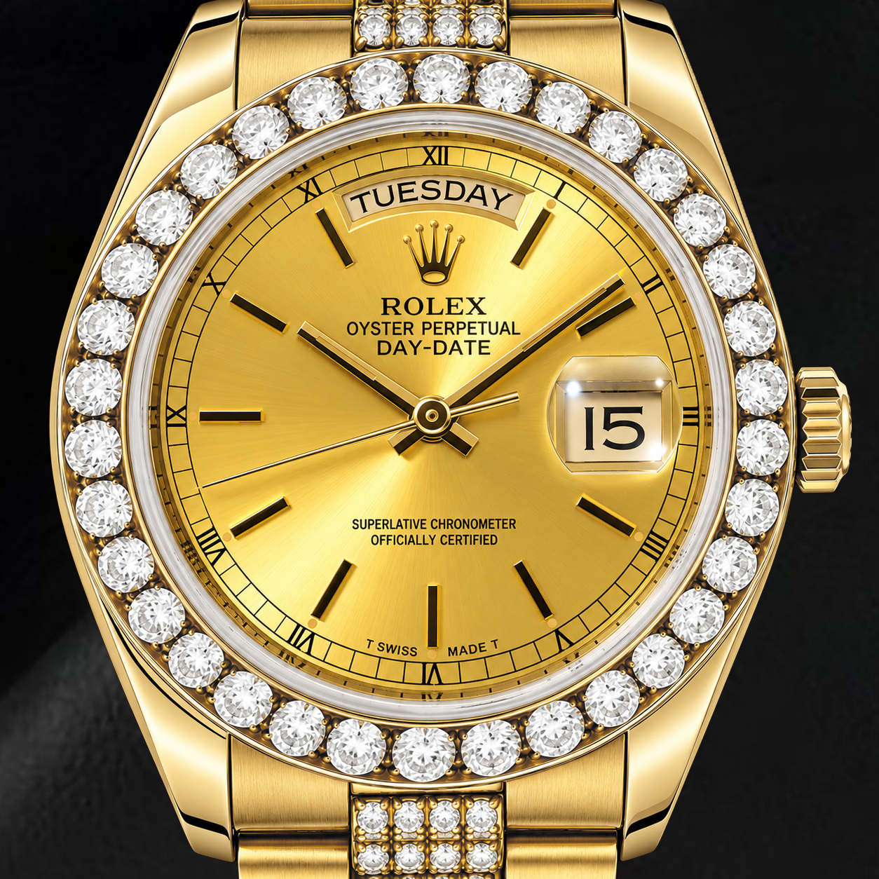 Montre Rolex Day-Date 18078 36 mm Or Jaune Cadran Champagne à Index Bâtons