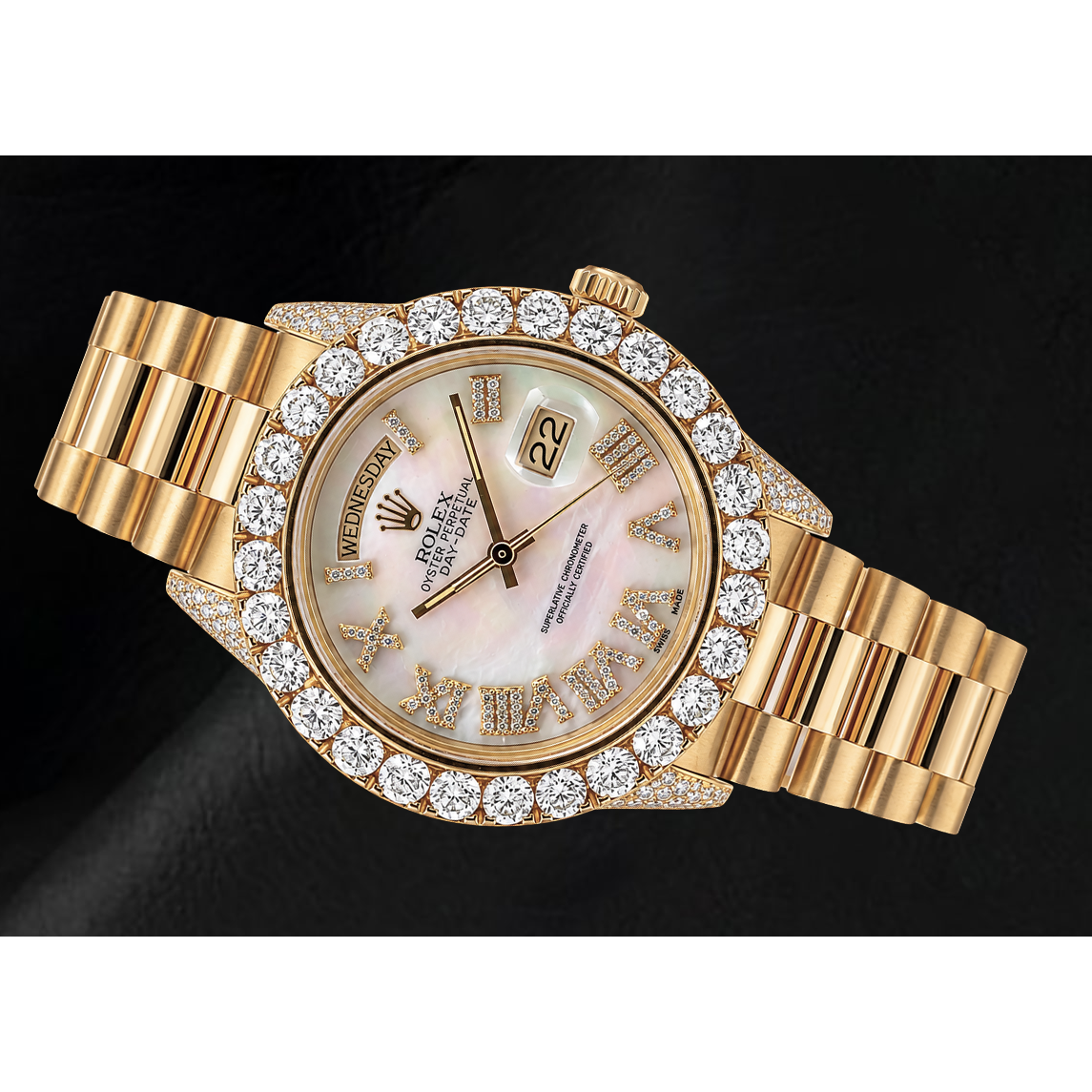 Montre Rolex Day-Date 36 mm 1803 en Or Jaune, Cadran Diamants en Nacre Blanche et Chiffres Romains