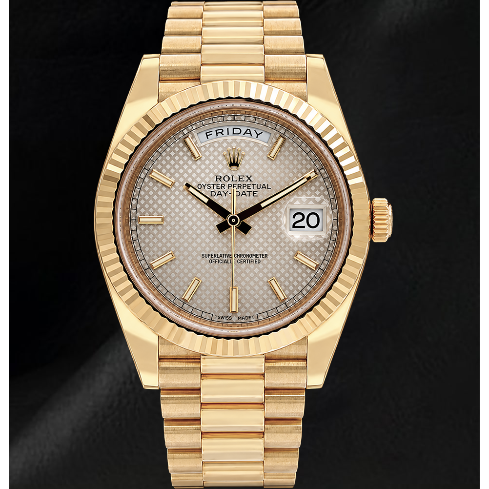 Montre Rolex Day-Date 40 mm 228238 en Or Jaune, Cadran Motif Argenté, Bracelet President