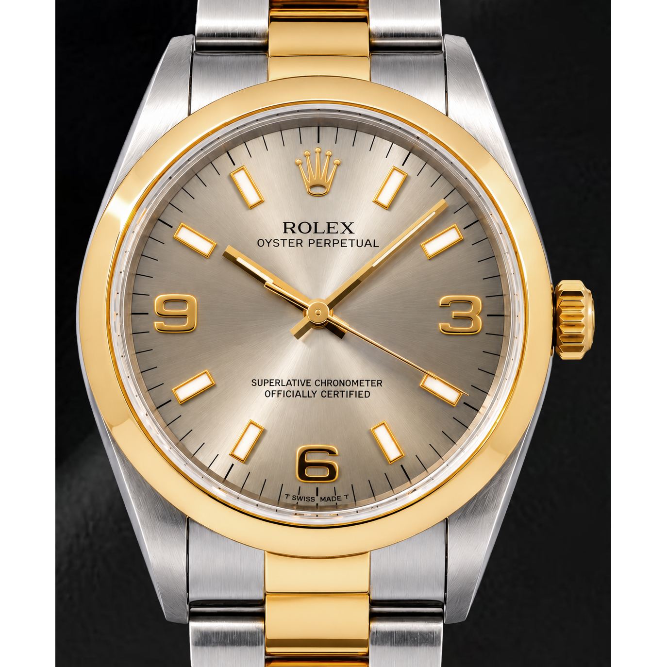 Montre Rolex Oyster Perpetual 14203 34 mm Bicolore Cadran Gris Luminescent à Chiffres Arabes