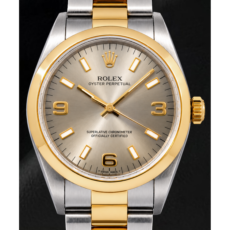 Montre Rolex Oyster Perpetual 14203 34 mm Bicolore Cadran Gris Luminescent à Chiffres Arabes