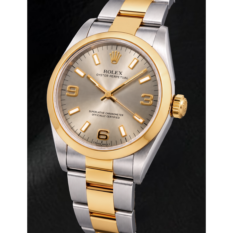 Montre Rolex Oyster Perpetual 14203 34 mm Bicolore Cadran Gris Luminescent à Chiffres Arabes