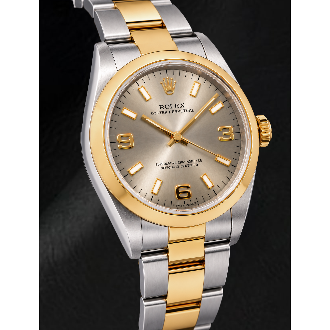 Montre Rolex Oyster Perpetual 14203 34 mm Bicolore Cadran Gris Luminescent à Chiffres Arabes