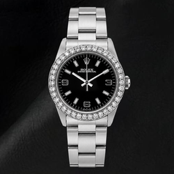 Montre Rolex Oyster Perpetual 26 mm 76030 Cadran Noir à Chiffres Arabes Lunette en Diamants