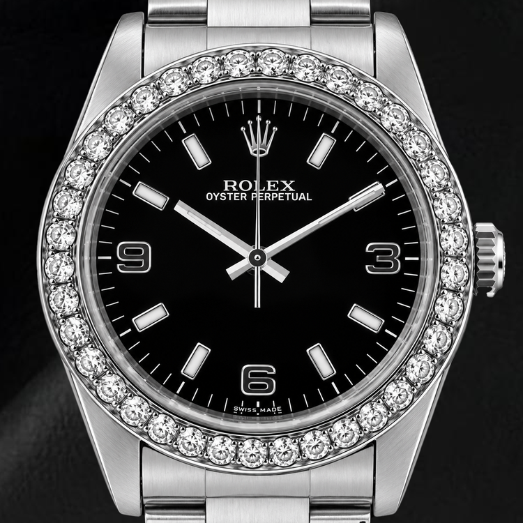Montre Rolex Oyster Perpetual 26 mm 76030 Cadran Noir à Chiffres Arabes Lunette en Diamants