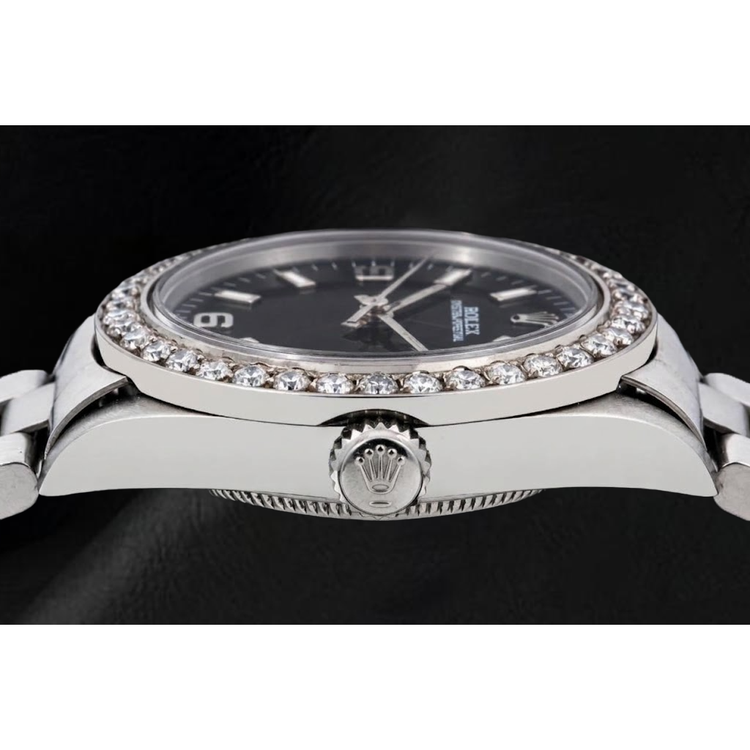 Montre Rolex Oyster Perpetual 26 mm 76030 Cadran Noir à Chiffres Arabes Lunette en Diamants