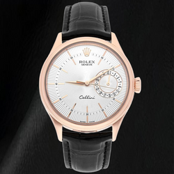 Montre Rolex Oyster Perpetual 50515 39 mm en Or Rose Cadran Argenté à Index Bâtons Bracelet en Cuir Noir