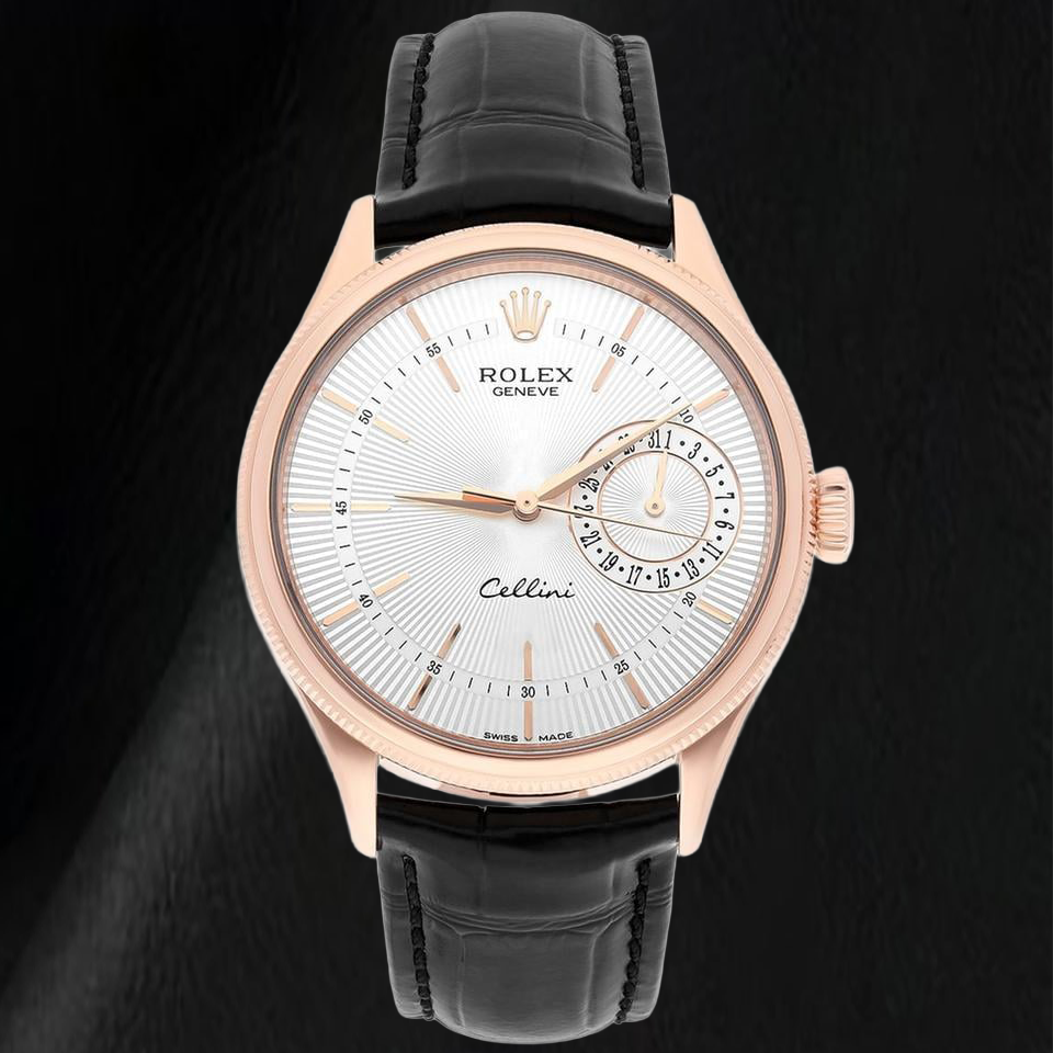Montre Rolex Oyster Perpetual 50515 39 mm en Or Rose Cadran Argenté à Index Bâtons Bracelet en Cuir Noir