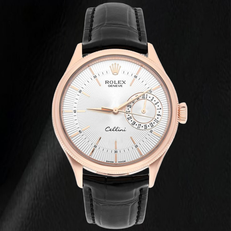 Montre Rolex Oyster Perpetual 50515 39 mm en Or Rose Cadran Argenté à Index Bâtons Bracelet en Cuir Noir