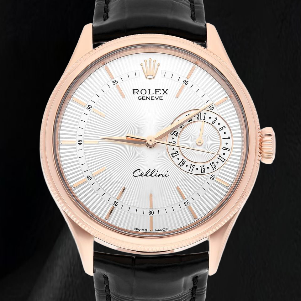 Montre Rolex Oyster Perpetual 50515 39 mm en Or Rose Cadran Argenté à Index Bâtons Bracelet en Cuir Noir