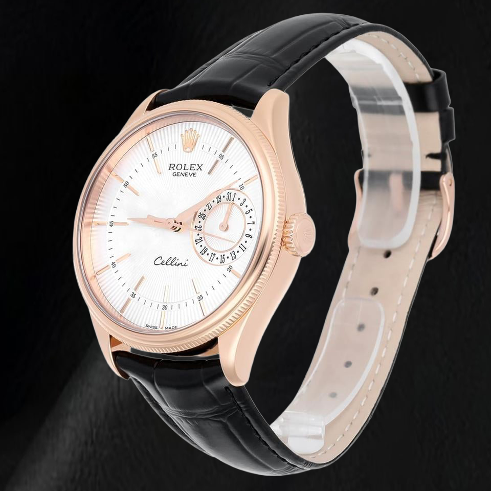 Montre Rolex Oyster Perpetual 50515 39 mm en Or Rose Cadran Argenté à Index Bâtons Bracelet en Cuir Noir