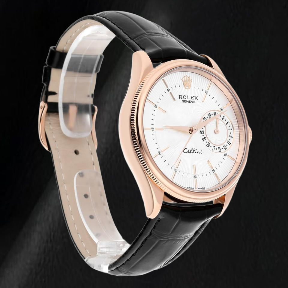 Montre Rolex Oyster Perpetual 50515 39 mm en Or Rose Cadran Argenté à Index Bâtons Bracelet en Cuir Noir
