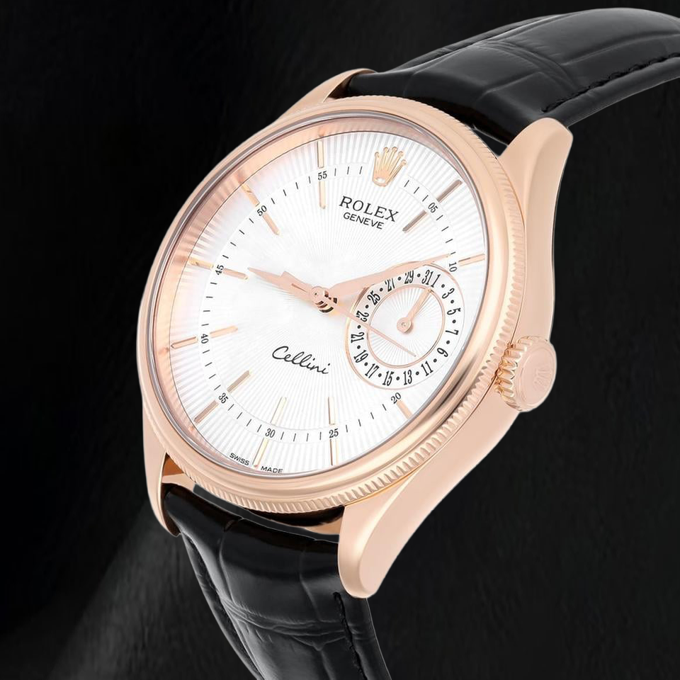 Montre Rolex Oyster Perpetual 50515 39 mm en Or Rose Cadran Argenté à Index Bâtons Bracelet en Cuir Noir