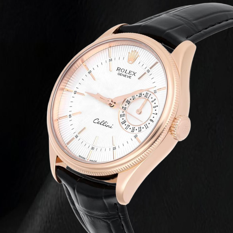 Montre Rolex Oyster Perpetual 50515 39 mm en Or Rose Cadran Argenté à Index Bâtons Bracelet en Cuir Noir